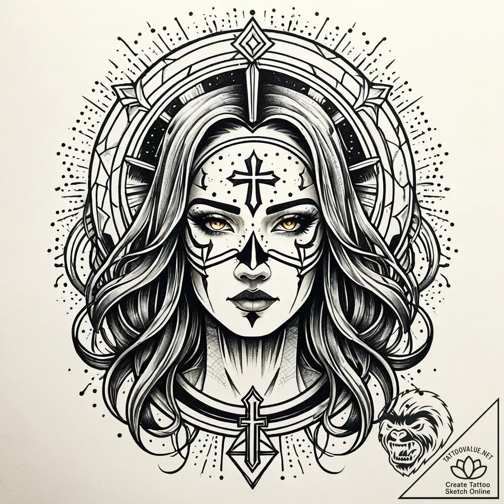 Broken halo above bleeding mask, tattoo line... - style Jaeger Simple - tattoo sketch (15.11.2025 12:57)