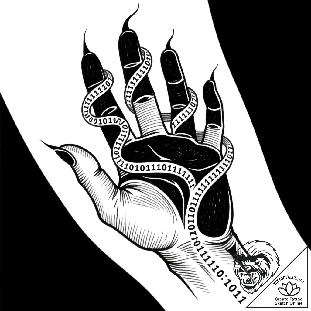 Tat tattoo sketch, programmerвђ™s hand typing... - style Flux Inscriptions - tattoo sketch (15.11.2025 13:27)