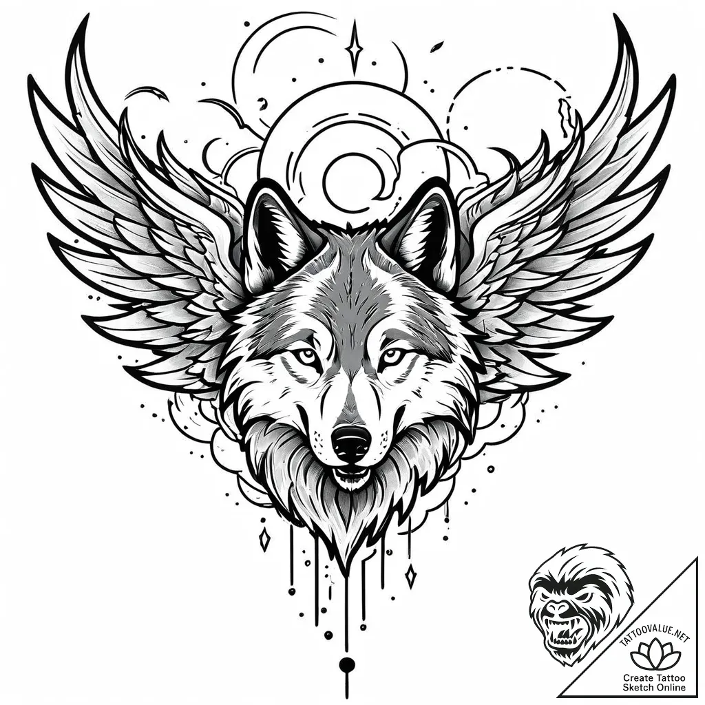 Angel wolf with tattered wings in storm, tatt... - style Jaeger Mini - tattoo sketch (15.11.2025 14:27)