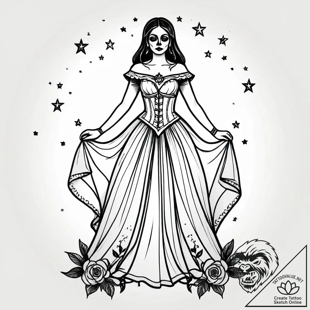 Santa muerte with a gown of marigolds and sta... - style Jagger Old - tattoo sketch (15.11.2025 14:37)