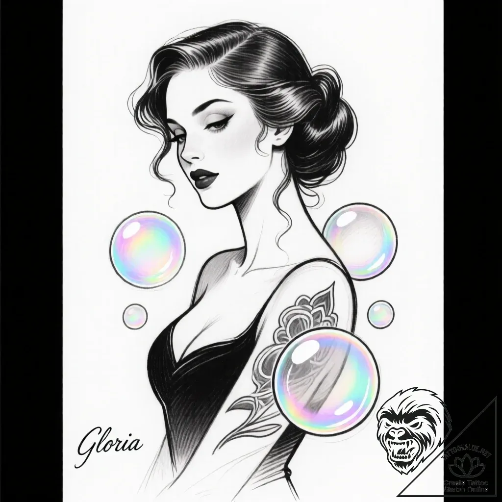 Eskizto, tattoo sketch, gloria blowing bubble... - style Flux Inscriptions - tattoo sketch (15.11.2025 14:47)