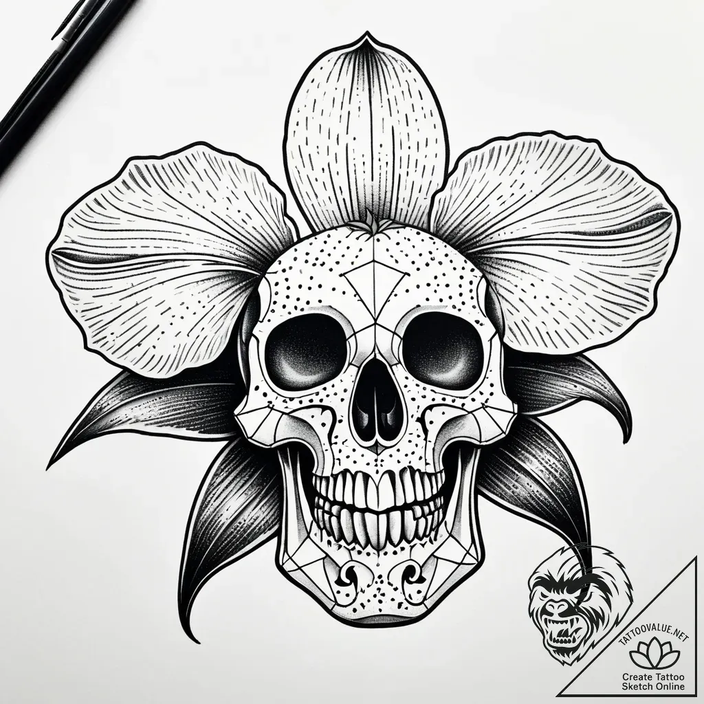 Orchid blooming from a crack in a skull, tatt... - style Jaeger Simple - tattoo sketch (15.11.2025 15:37)