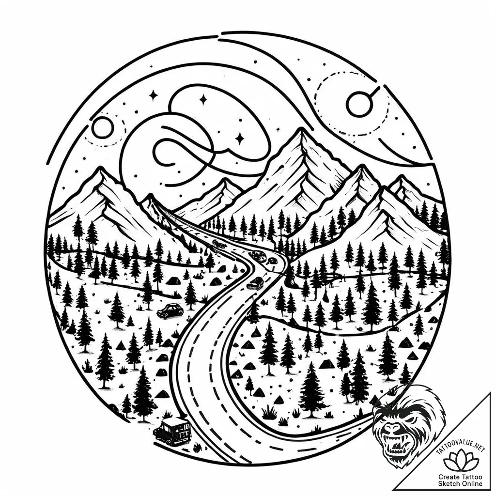 Tattoo sketch, hand-drawn map with winding ro... - style Jaeger Mini - tattoo sketch (15.11.2025 16:27)