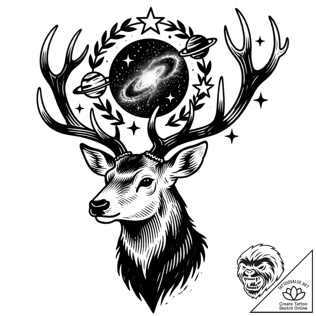 Astral stag crowned with cosmos, ink illustra... - style Flux Inscriptions - tattoo sketch (15.11.2025 16:47)