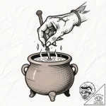 Gnarled hand of a witch brewing a potion, tat… – style Flux Inscriptions – tattoo sketch (15.11.2025 17:27)