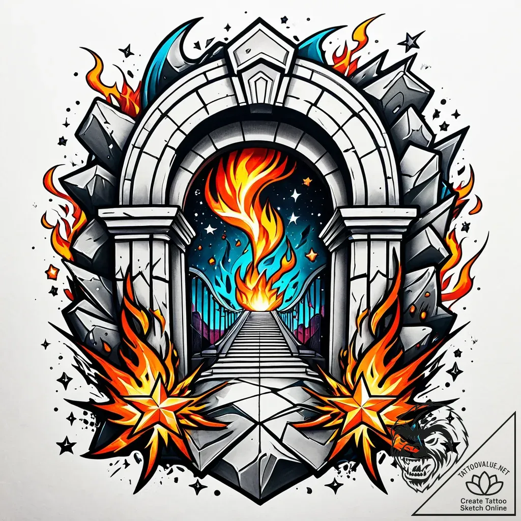 Burning arch beneath shattered stars, tattoo... - style Jaeger Simple - tattoo sketch (15.11.2025 19:27)