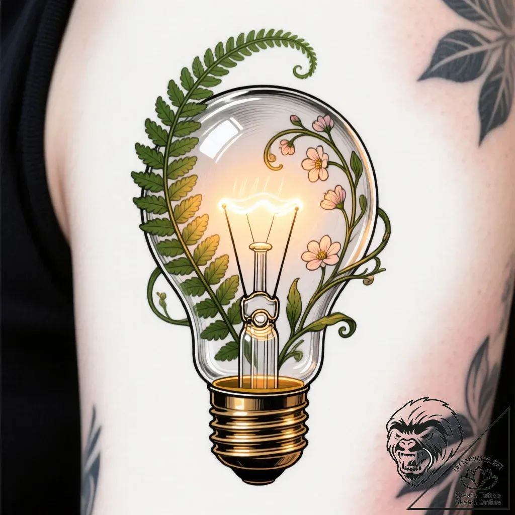 Lightbulb with a plant growing inside - style Flux Inscriptions - tattoo sketch (15.11.2025 19:57)