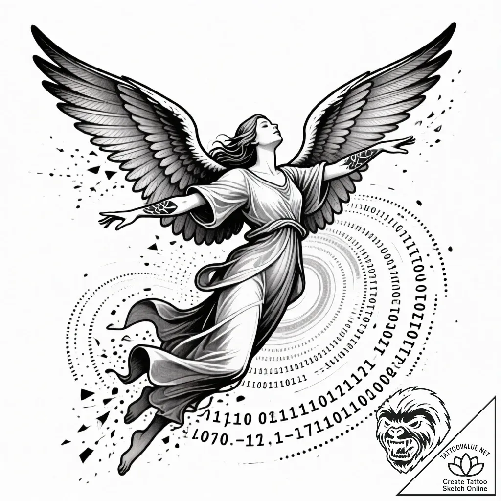 Angelic figure disintegrating into a swarm of... - style Flux Inscriptions - tattoo sketch (15.11.2025 21:17)