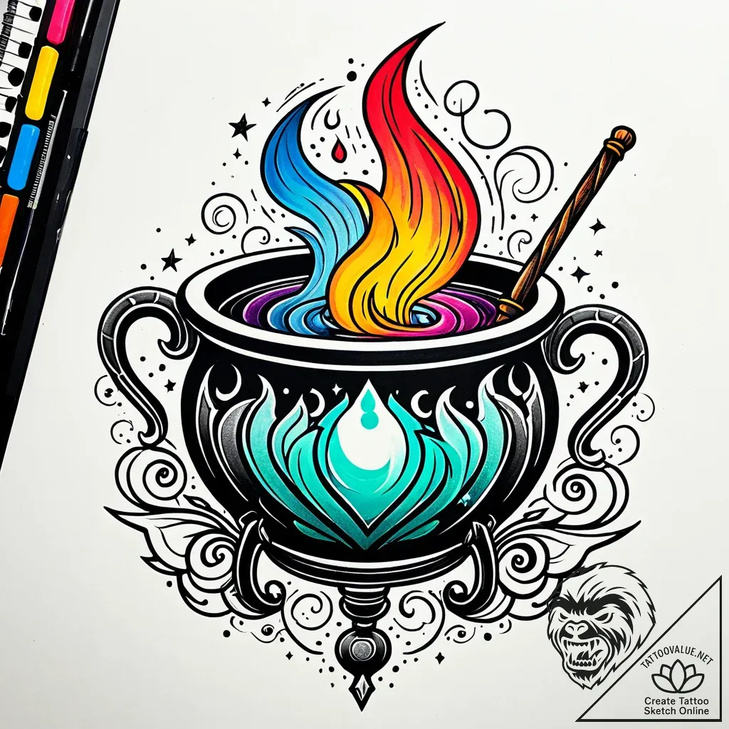 A witch's cauldron, tattoo flash sheet design... - style Jaeger Simple - tattoo sketch (15.11.2025 22:07)