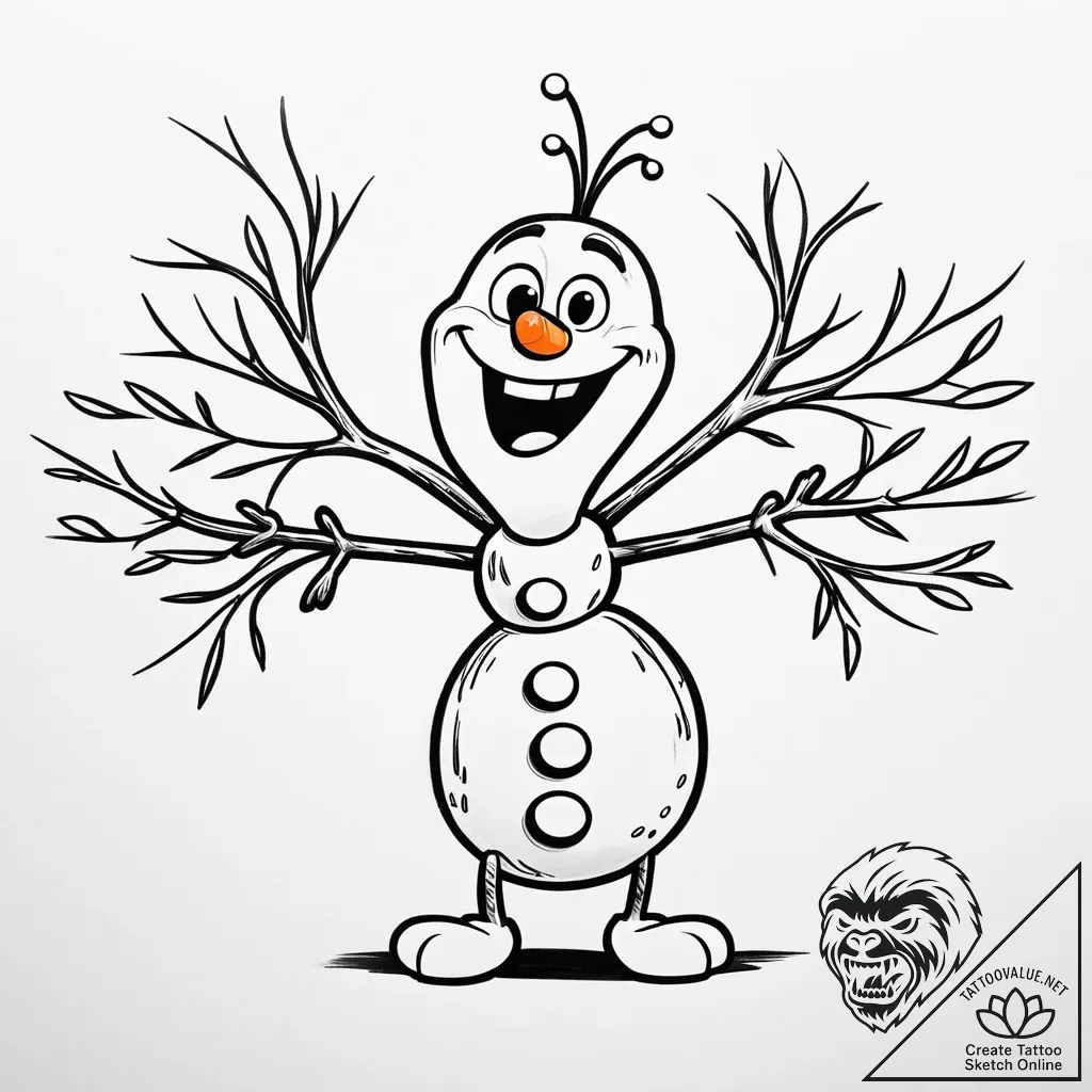 Tattoo sketch, olaf with twig arms open wide,... - style Jaeger Simple - tattoo sketch (15.11.2025 22:37)