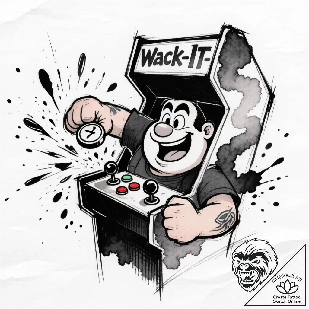 Tattoo sketch, ralph smashing arcade buttons,... - style Flux Inscriptions - tattoo sketch (15.11.2025 22:52)