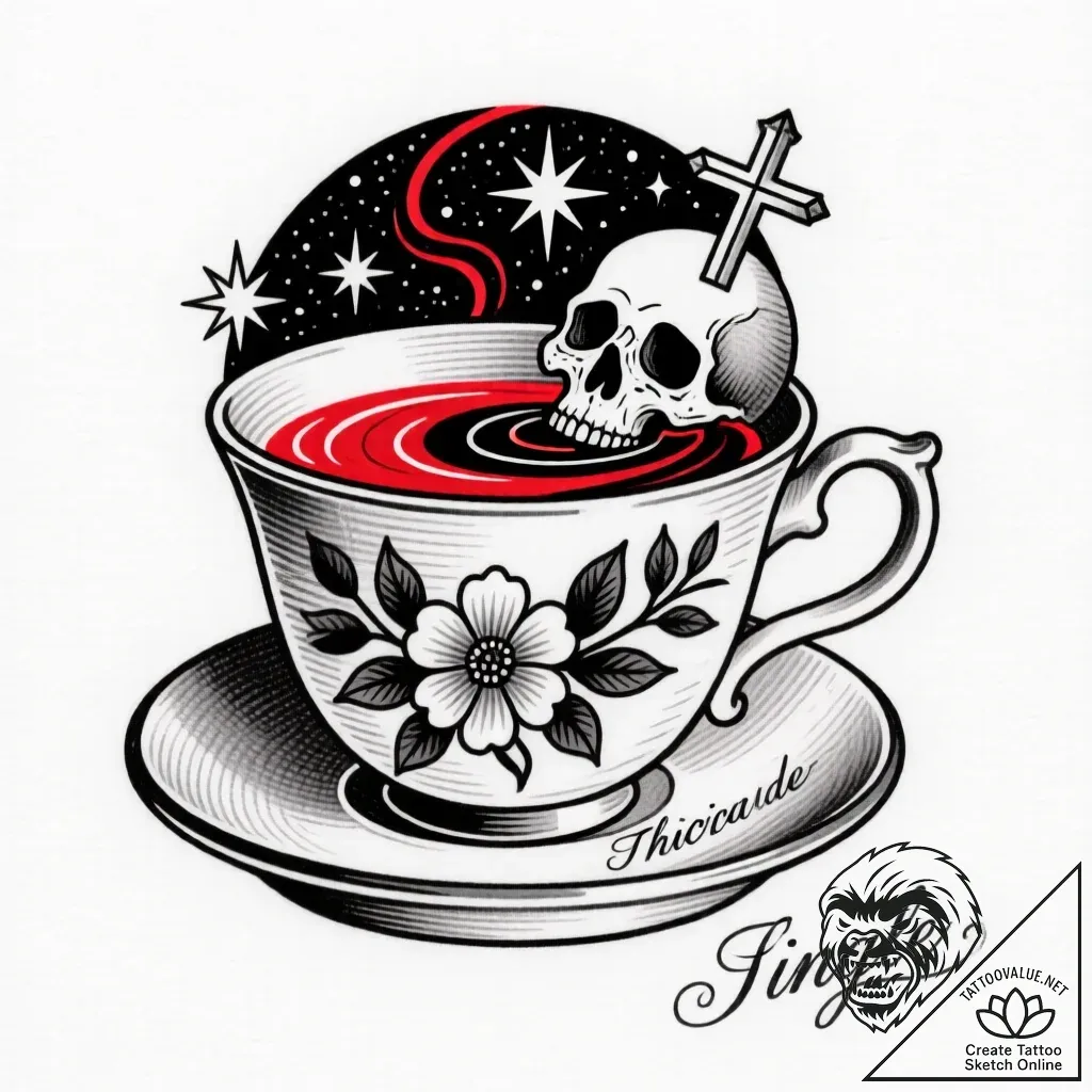 Tattoo sketch a teacup overflowing with a sta... - style Flux Inscriptions - tattoo sketch (15.11.2025 23:32)