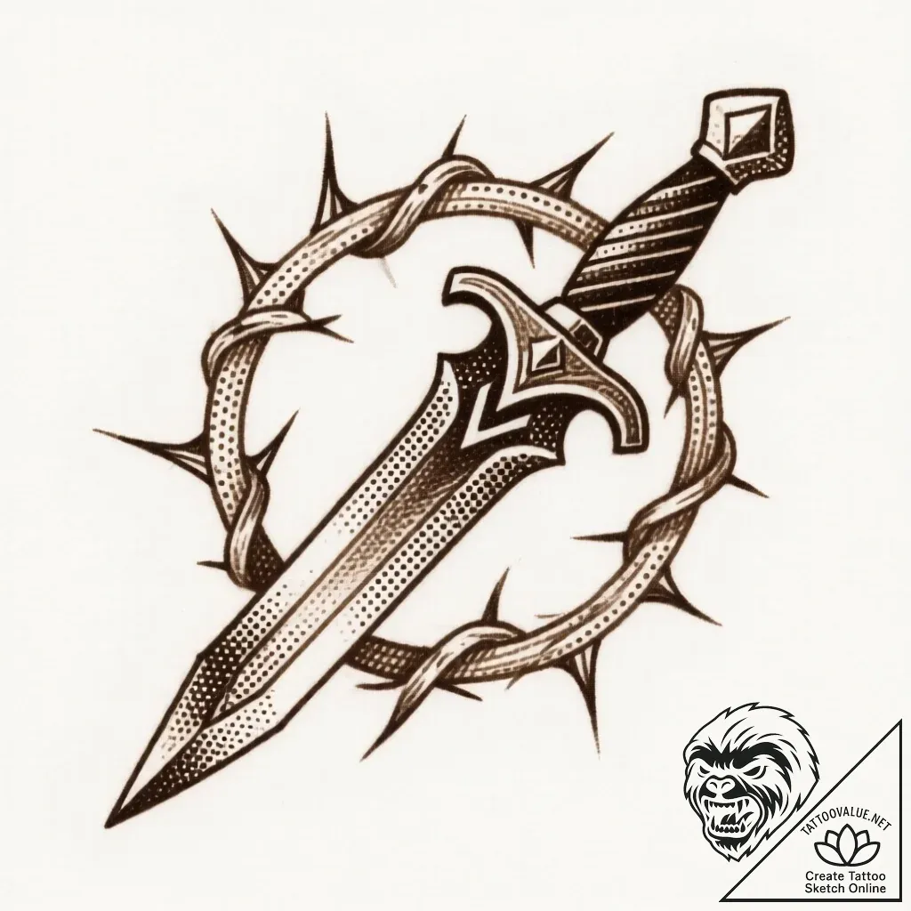 Iron dagger pierced by thorned vine, tattoo d... - style Flux Inscriptions - tattoo sketch (15.11.2025 23:52)