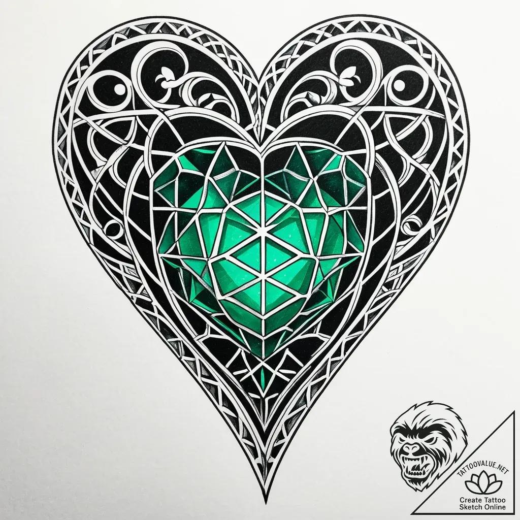 Emerald heart in skeletal cage, tattoo line a... - style Jaeger Simple - tattoo sketch (16.11.2025 02:17)