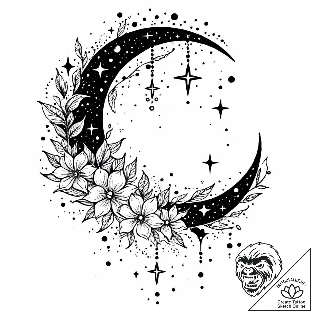 Tattoo sketch, thin crescent moon with scatte... - style Jaeger Mini - tattoo sketch (16.11.2025 04:41)