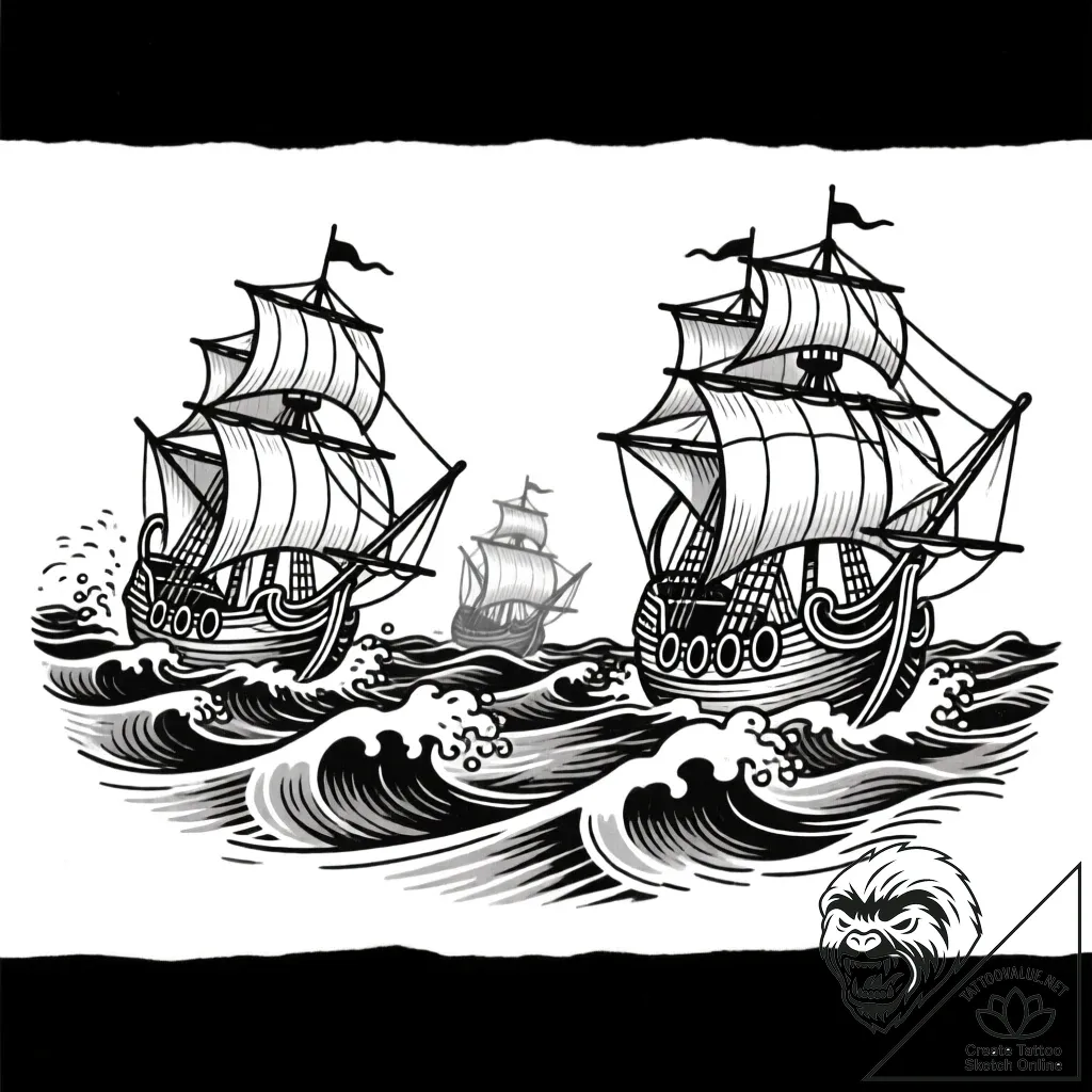 Tattoo sketch, viking ships sailing rough sea... - style Flux Inscriptions - tattoo sketch (16.11.2025 07:32)