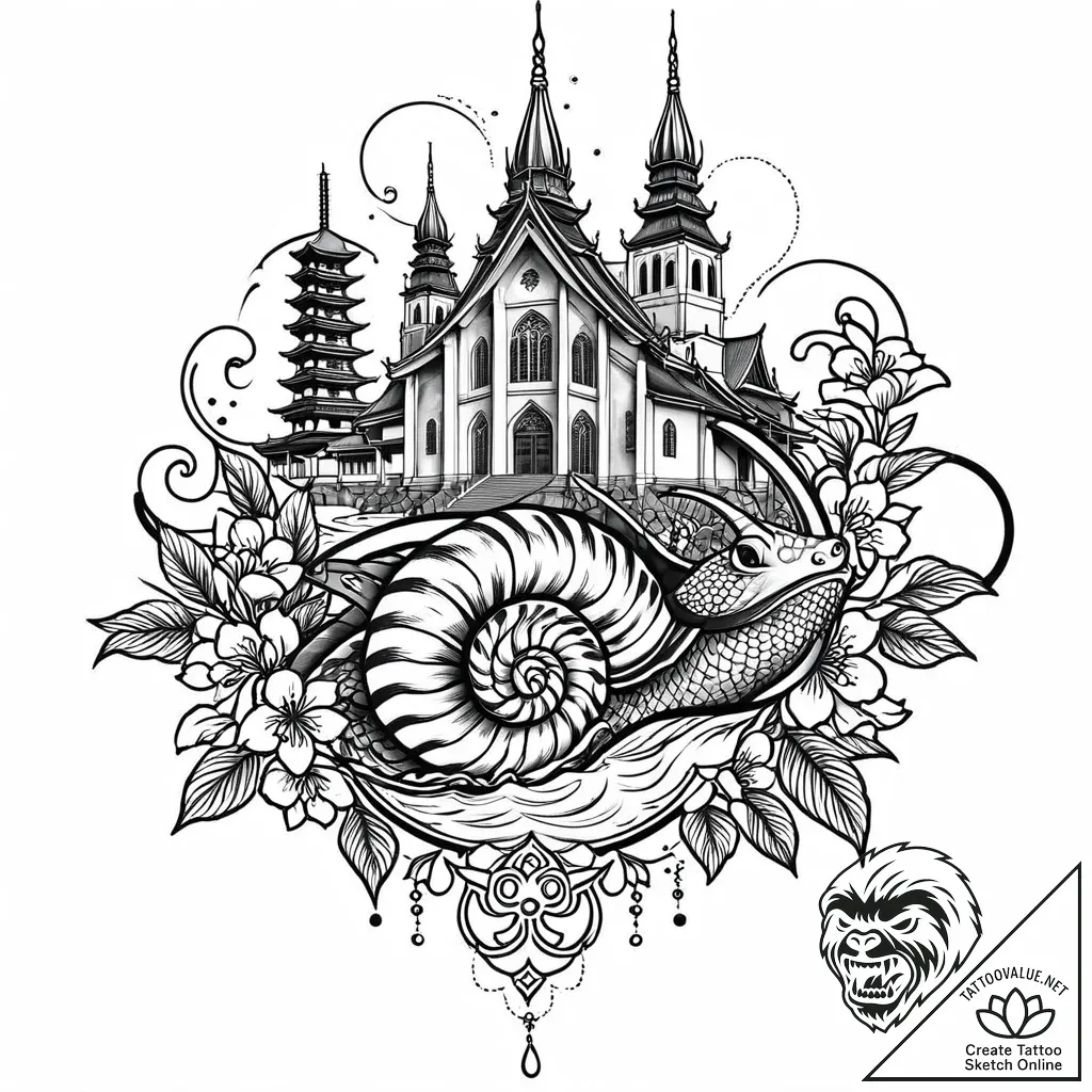 Snail with a shell like a gothic cathedral, t... - style Jaeger Mini - tattoo sketch (16.11.2025 08:01)
