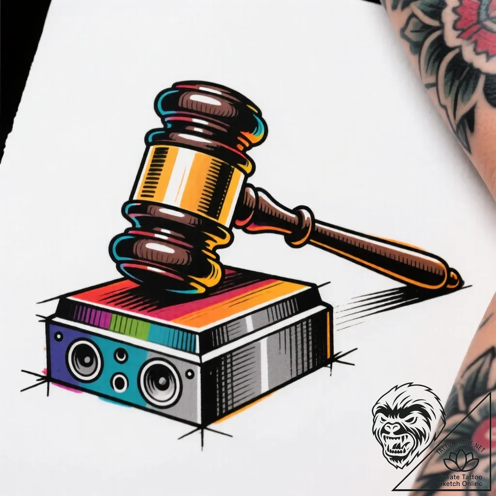 Gavel and sounding block, symbolizing judgmen... - style Flux Inscriptions - tattoo sketch (16.11.2025 08:32)