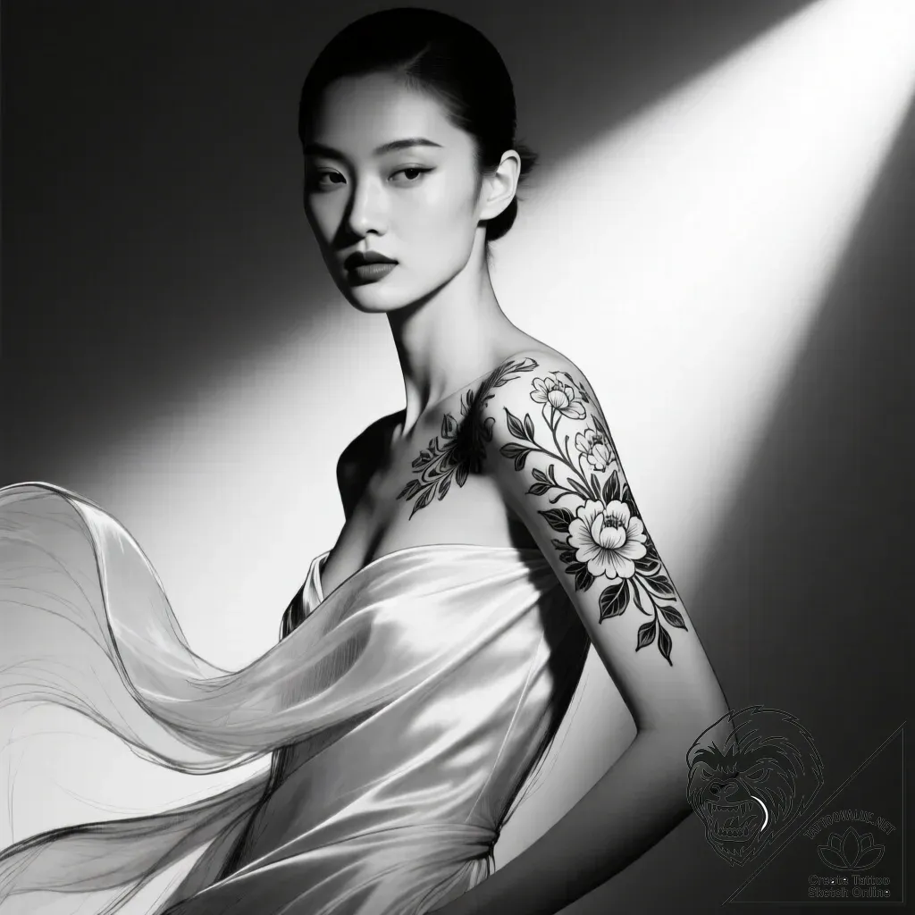 Tat tattoo sketch, fashion model posing with... - style Flux Inscriptions - tattoo sketch (16.11.2025 08:52)