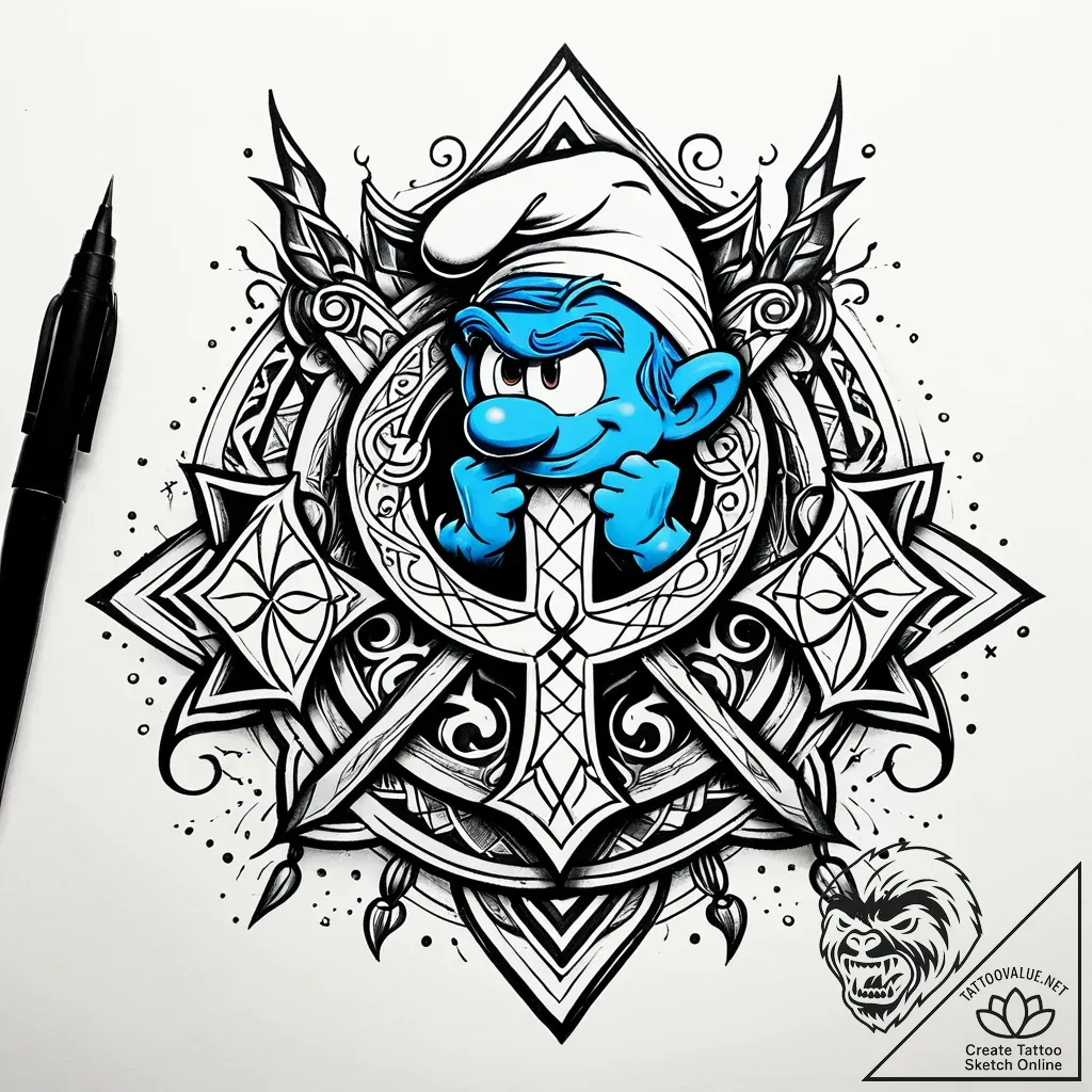 Tattoo sketch, brainy smurf holding scroll wi... - style Jaeger Simple - tattoo sketch (16.11.2025 09:57)