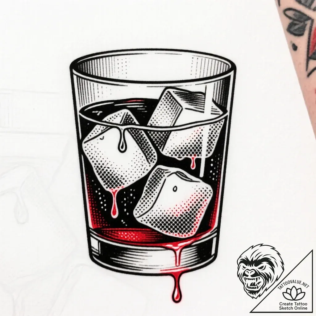 A glass of whiskey on the rocks, with condens... - style Flux Inscriptions - tattoo sketch (16.11.2025 10:12)