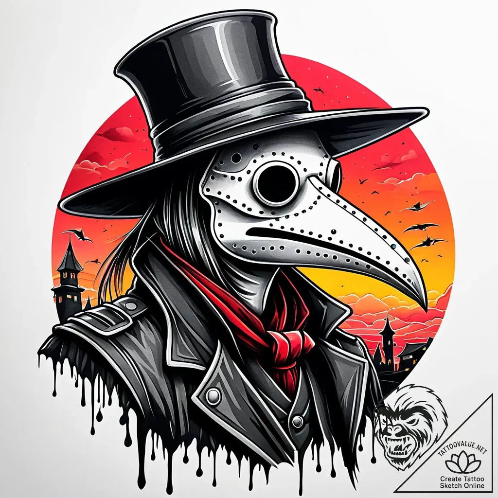 Plague doctor beneath crimson sky, tattoo dra... - style Jaeger Simple - tattoo sketch (16.11.2025 10:17)