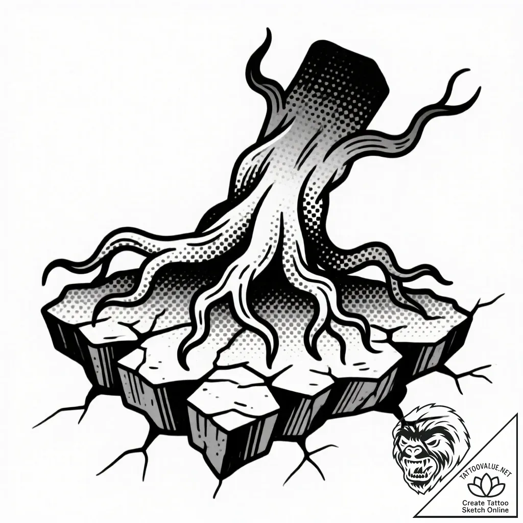 Tat tattoo sketch, sprawling oak roots breaki... - style Flux Inscriptions - tattoo sketch (16.11.2025 12:42)