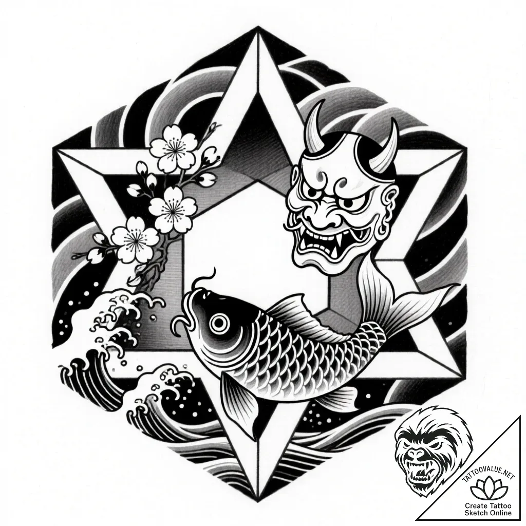 Tattoo sketch, interlocking geometric shapes... - style Flux Inscriptions - tattoo sketch (16.11.2025 14:02)