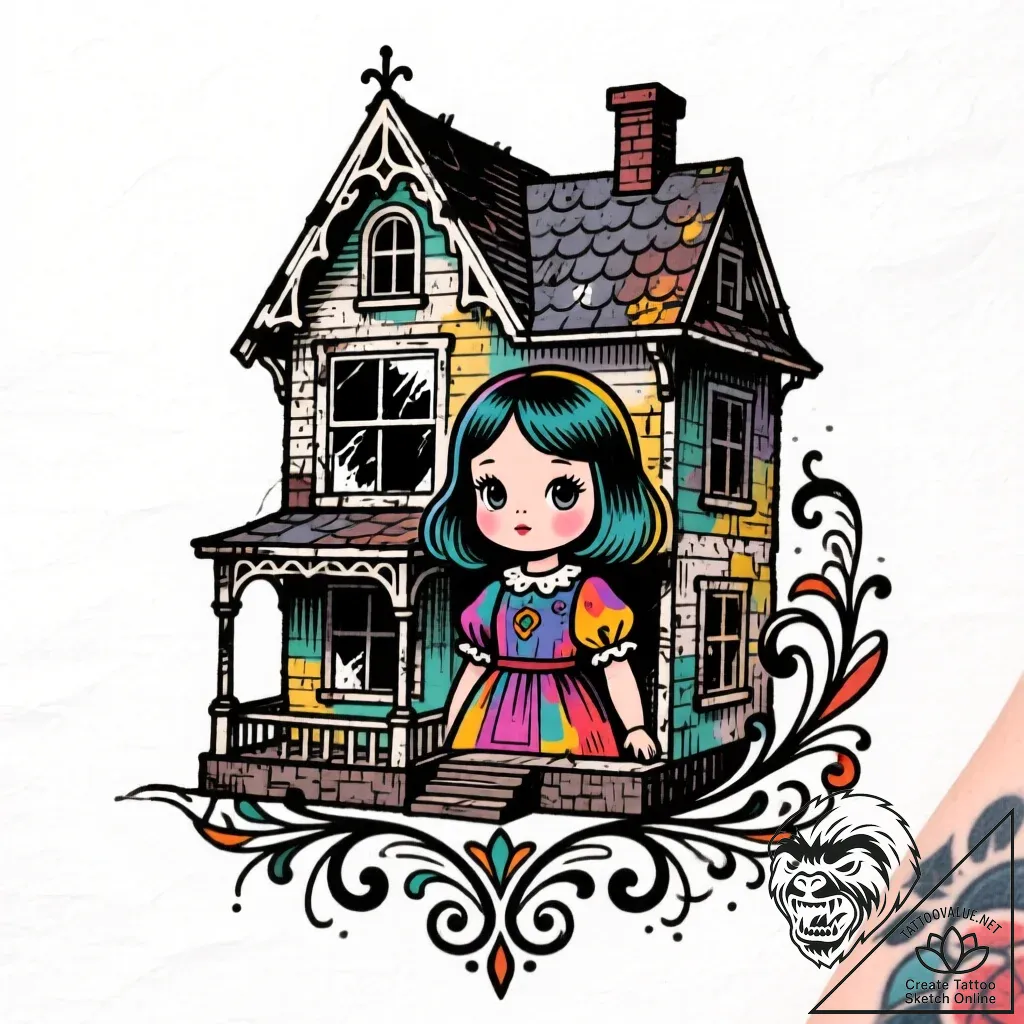 An abandoned dollhouse with intricate details... - style Flux Inscriptions - tattoo sketch (16.11.2025 15:22)