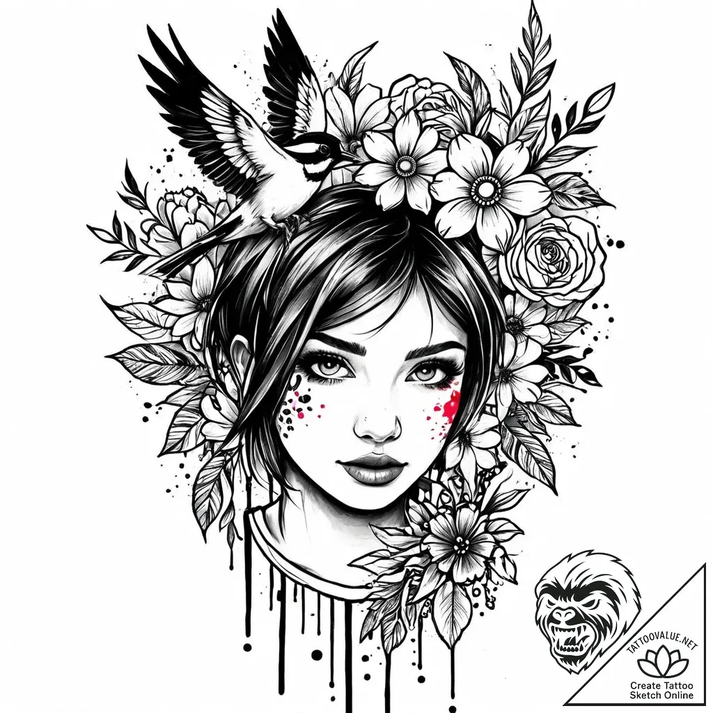 Tat tattoo sketch, vibrant flowers and birds... - style Jaeger Mini - tattoo sketch (16.11.2025 21:22)
