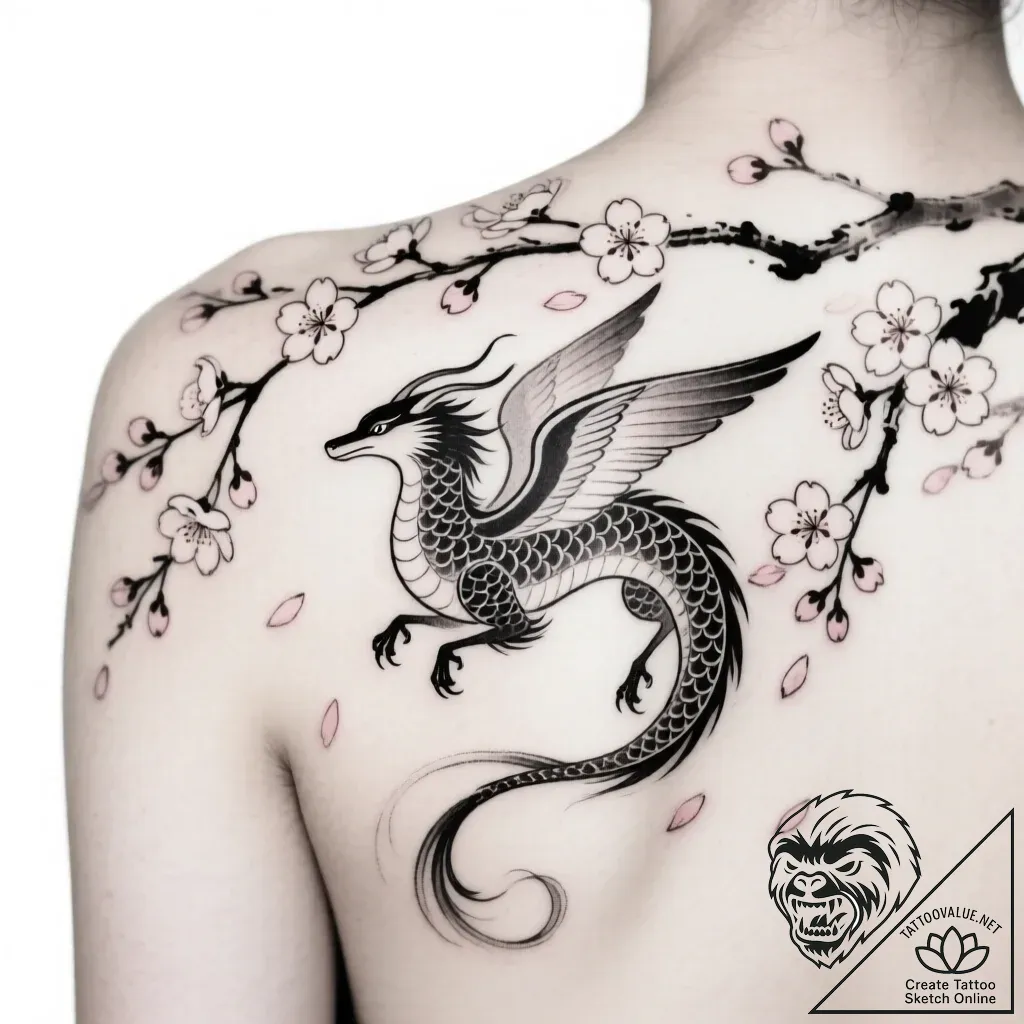 Tattoo sketch, haku flying under cherry bloss... - style Flux Inscriptions - tattoo sketch (16.11.2025 22:38)