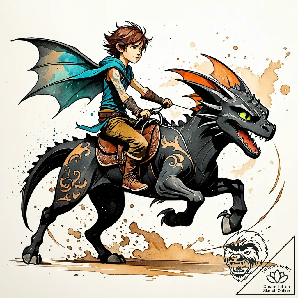 Tattoo sketch, hiccup riding dragon with wind... - style Jaeger Simple - tattoo sketch (16.11.2025 22:40)