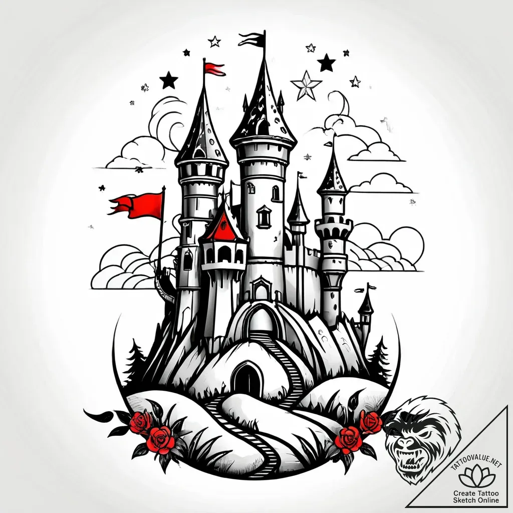 Tat tattoo sketch, towering castle with flutt... - style Jagger Old - tattoo sketch (16.11.2025 23:10)