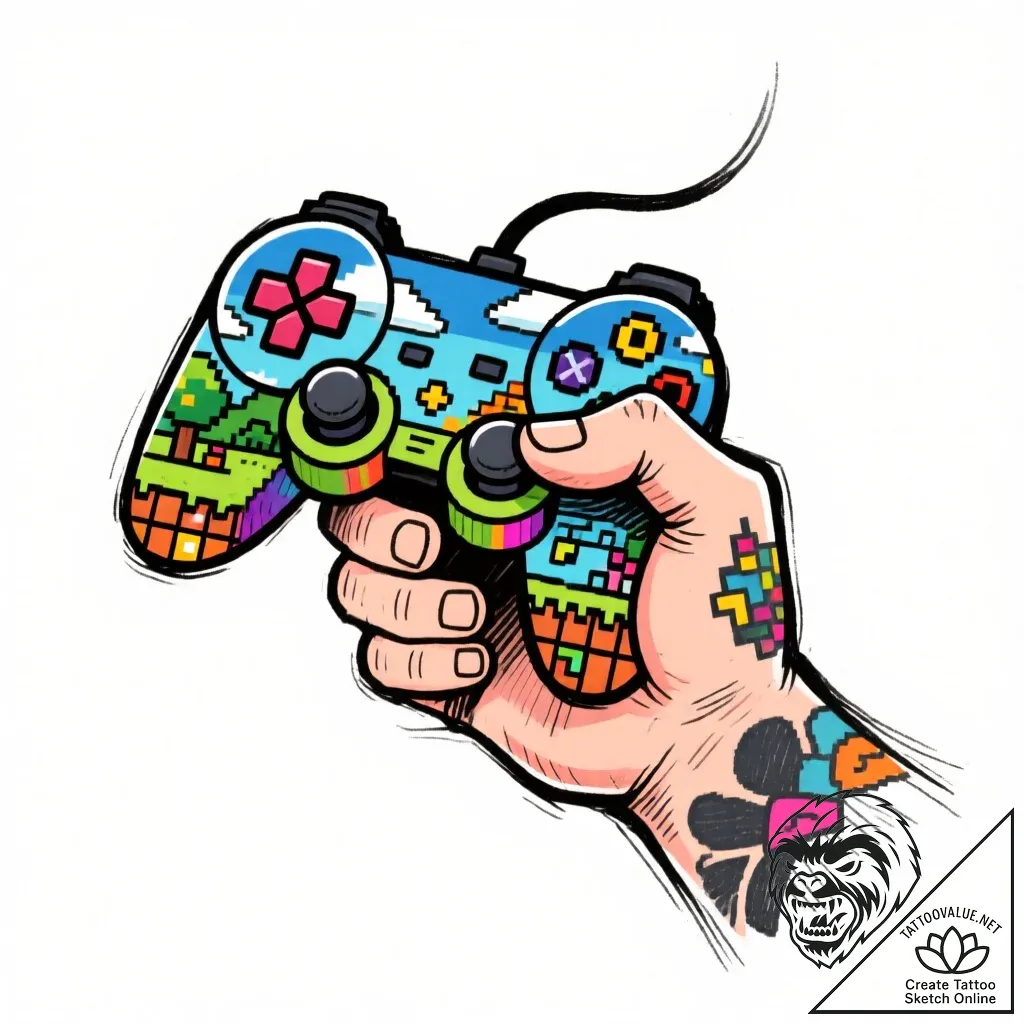 Tattoo sketch a gamer's hand blending into th... - style Flux Inscriptions - tattoo sketch (17.11.2025 00:26)