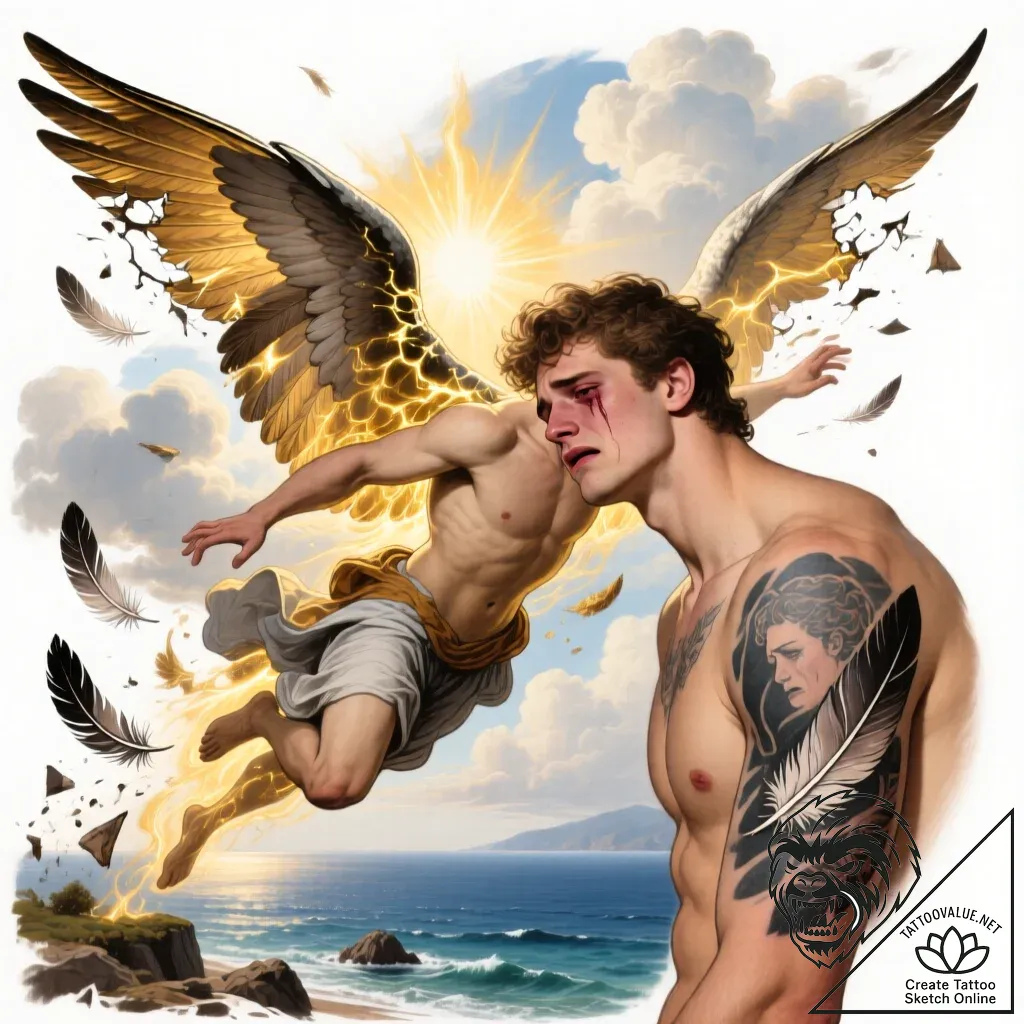 Icarus with melting wings - style Flux Inscriptions - tattoo sketch (17.11.2025 00:38)