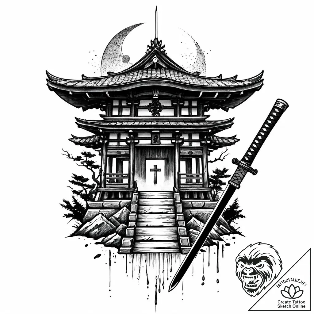 Katana beneath haunted shrine, concept art fo... - style Jaeger Mini - tattoo sketch (17.11.2025 00:56)