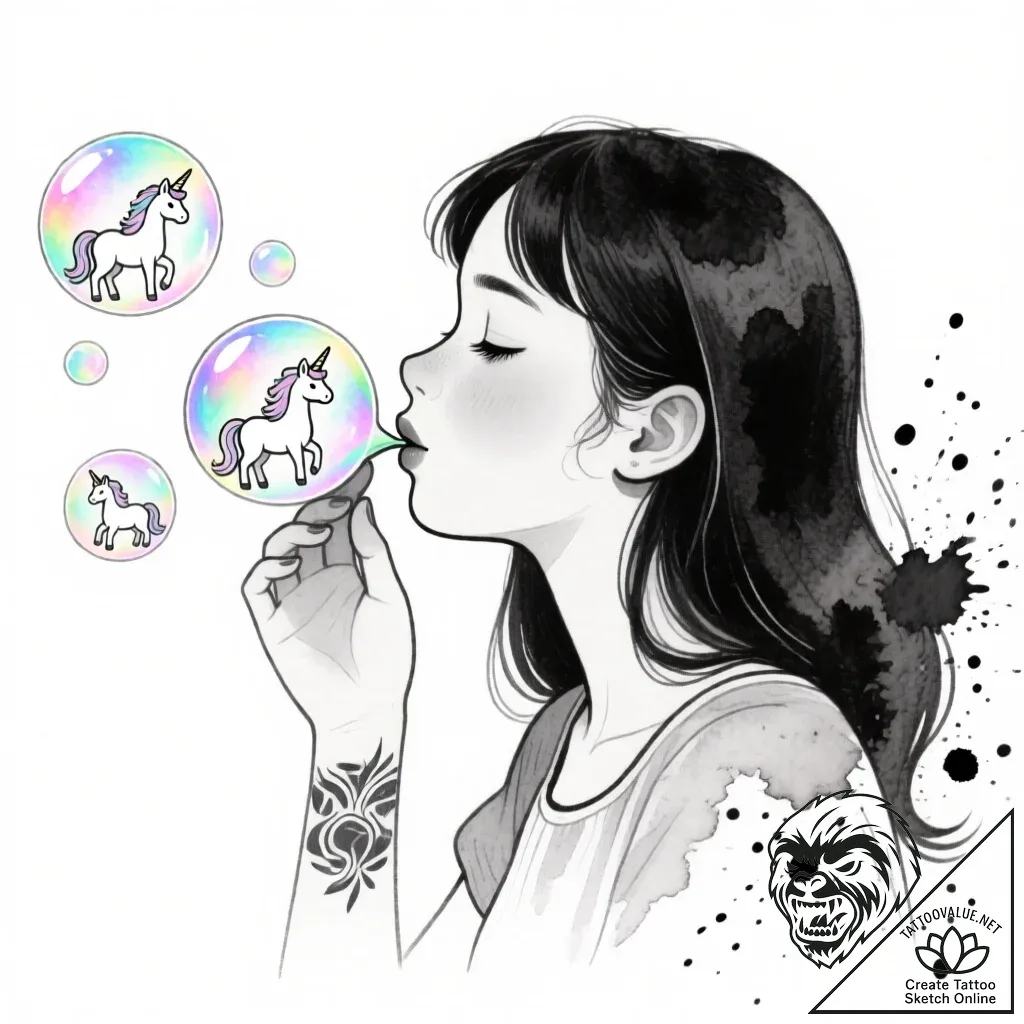 Tattoo sketch, agnes blowing bubbles with uni... - style Flux Inscriptions - tattoo sketch (17.11.2025 01:26)