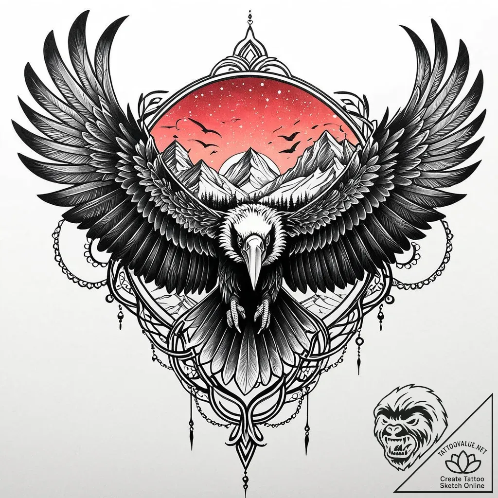 Vulture wings beneath crimson sky, tattoo lin... - style Jaeger Mini - tattoo sketch (17.11.2025 02:55)
