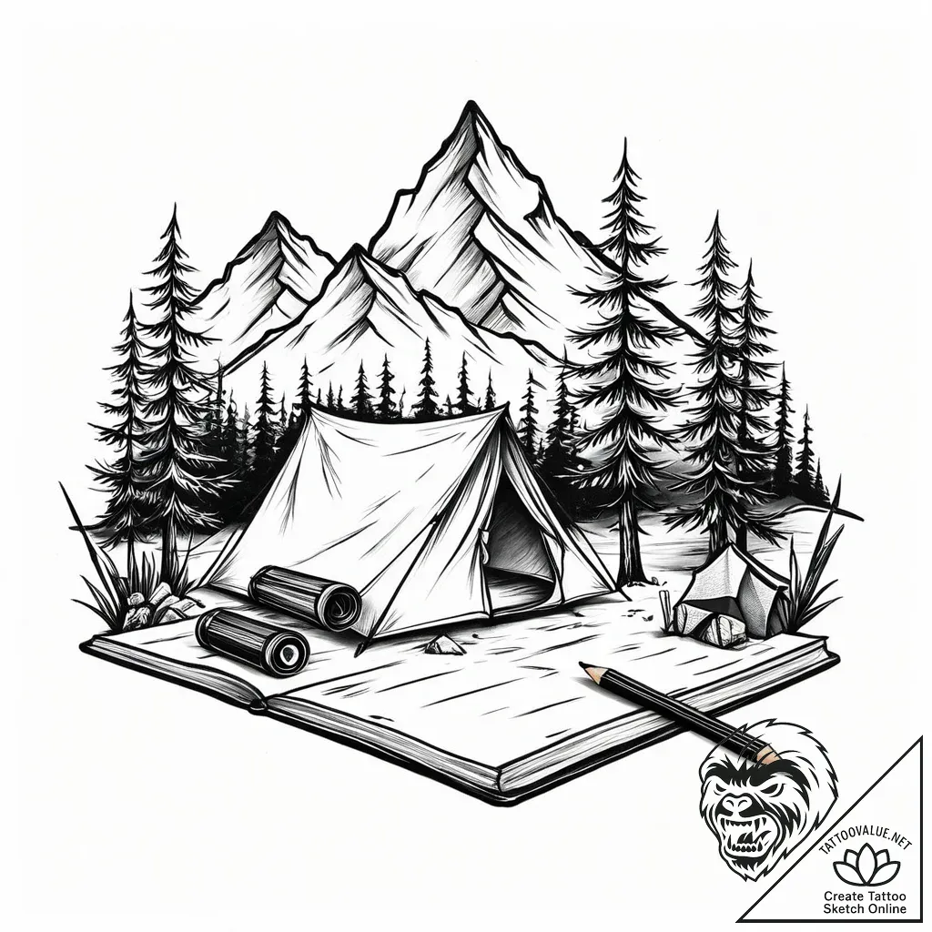 Tattoo design a small, minimalist camping sce... - style Jaeger Mini - tattoo sketch (17.11.2025 03:07)
