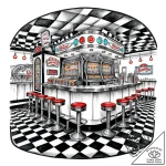 A photo of a bustling 1950s american diner wi… – style Jaeger Mini – tattoo sketch (17.11.2025 03:20)