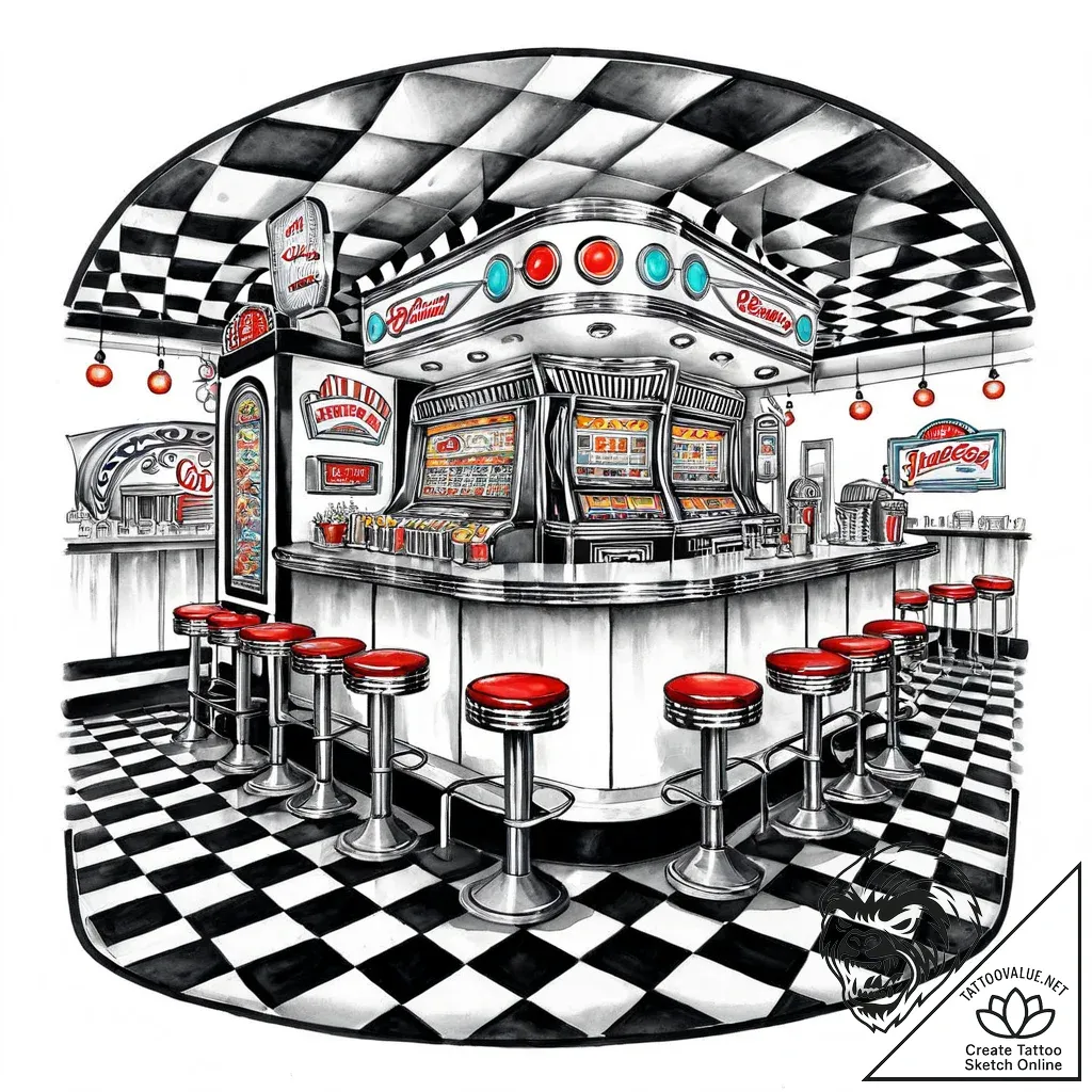 A photo of a bustling 1950s american diner wi... - style Jaeger Mini - tattoo sketch (17.11.2025 03:20)