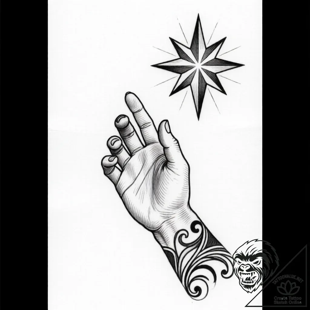 Tattoo design a hand reaching for a star, sym... - style Flux Inscriptions - tattoo sketch (17.11.2025 03:38)