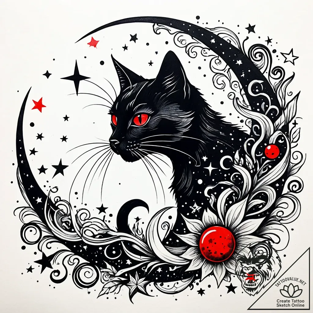 Tattoo sketch, black cat with crescent moon a... - style Jaeger Simple - tattoo sketch (17.11.2025 03:41)