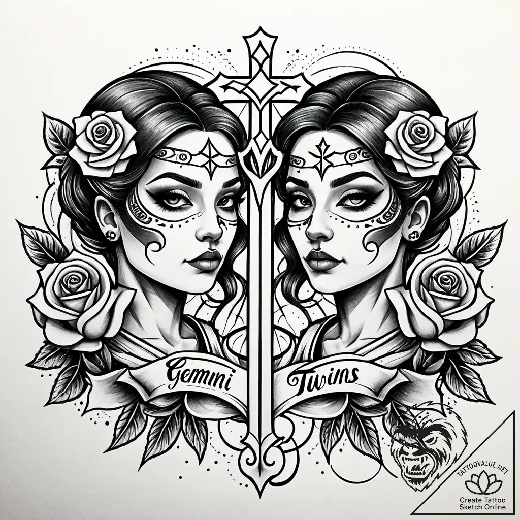Tattoo sketch gemini twin figures, one with a... - style Jaeger Simple - tattoo sketch (17.11.2025 04:05)
