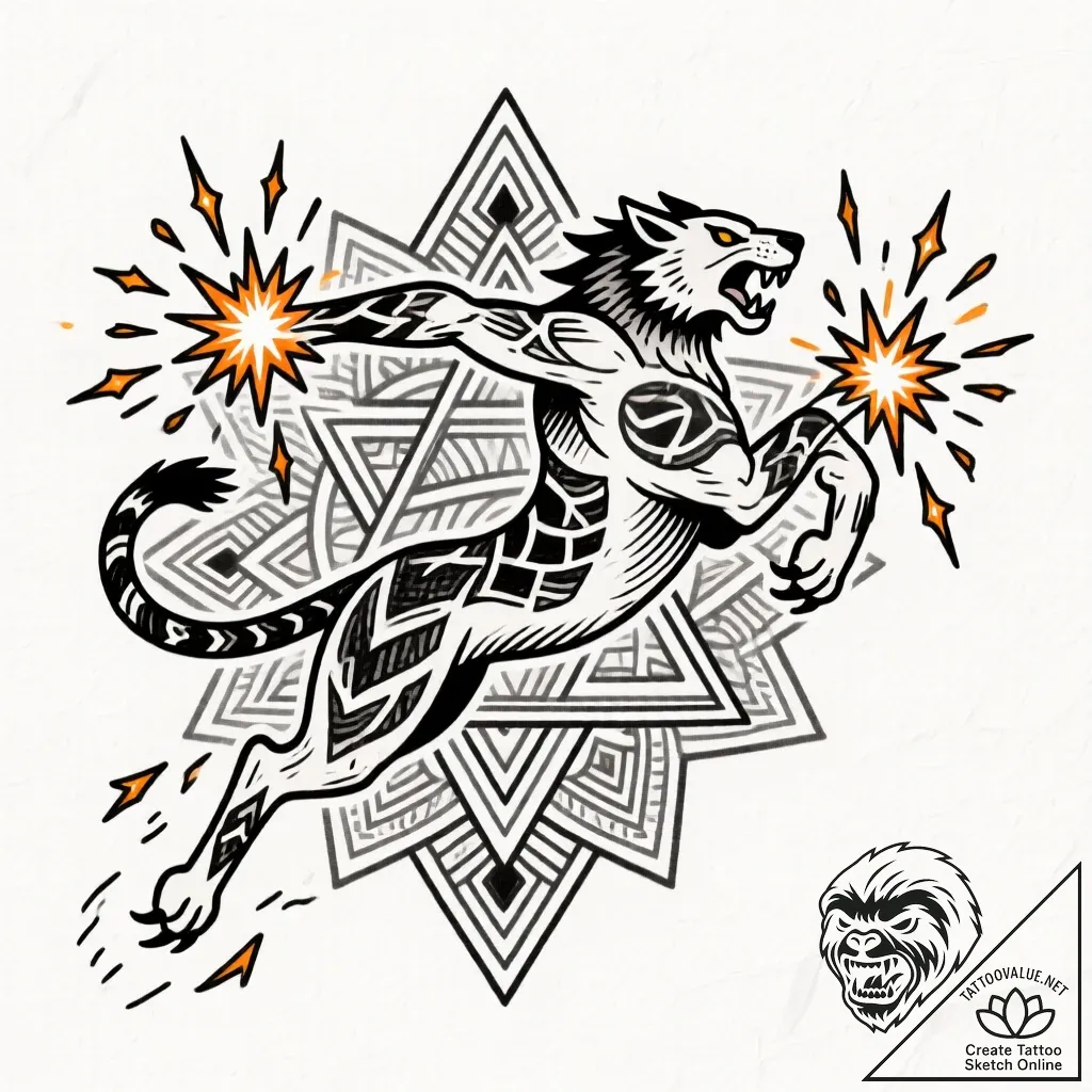 Tattoo sketch, mater jumping with sparks flyi... - style Flux Inscriptions - tattoo sketch (17.11.2025 06:14)