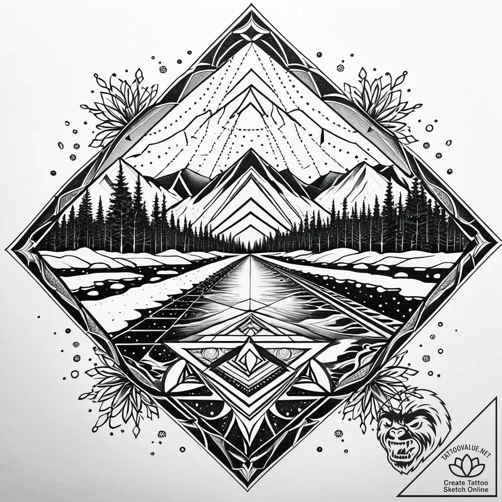 Tattoo sketch, train crossing frozen river, d... - style Jaeger Simple - tattoo sketch (17.11.2025 06:17)