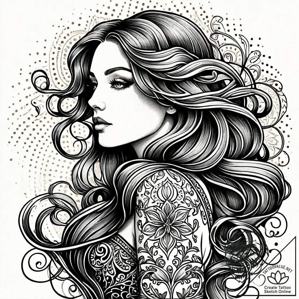 Tattoo sketch, katie with flowing hair and di... - style Jaeger Simple - tattoo sketch (17.11.2025 06:29)