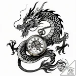 Dragon coils through timepiece, concept art f… – style Flux Inscriptions – tattoo sketch (17.11.2025 07:02)