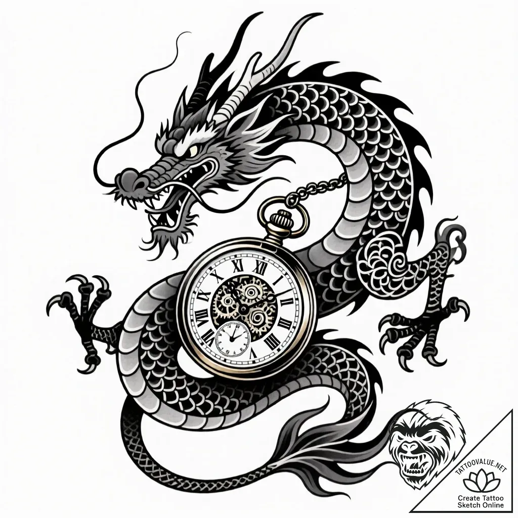 Dragon coils through timepiece, concept art f... - style Flux Inscriptions - tattoo sketch (17.11.2025 07:02)