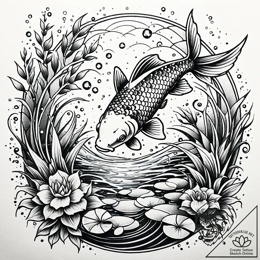 Koi pond frozen beneath ice, tattoo flash she... - style Jaeger Simple - tattoo sketch (17.11.2025 07:17)